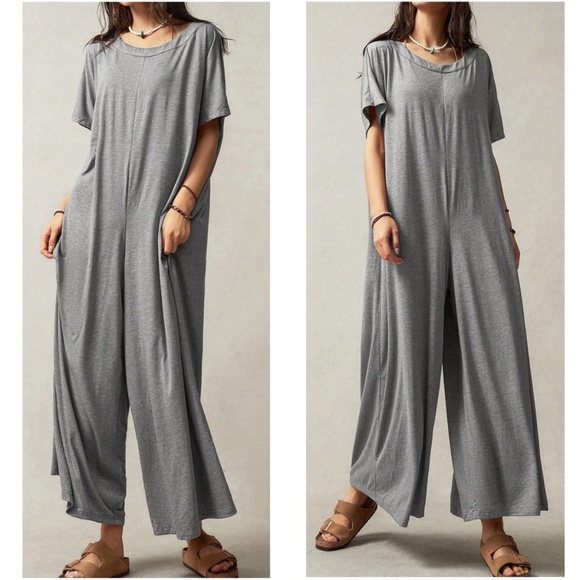Solid Round neck Short Sleeve Wide Leg Jumpsuit - Picture 1 of 7